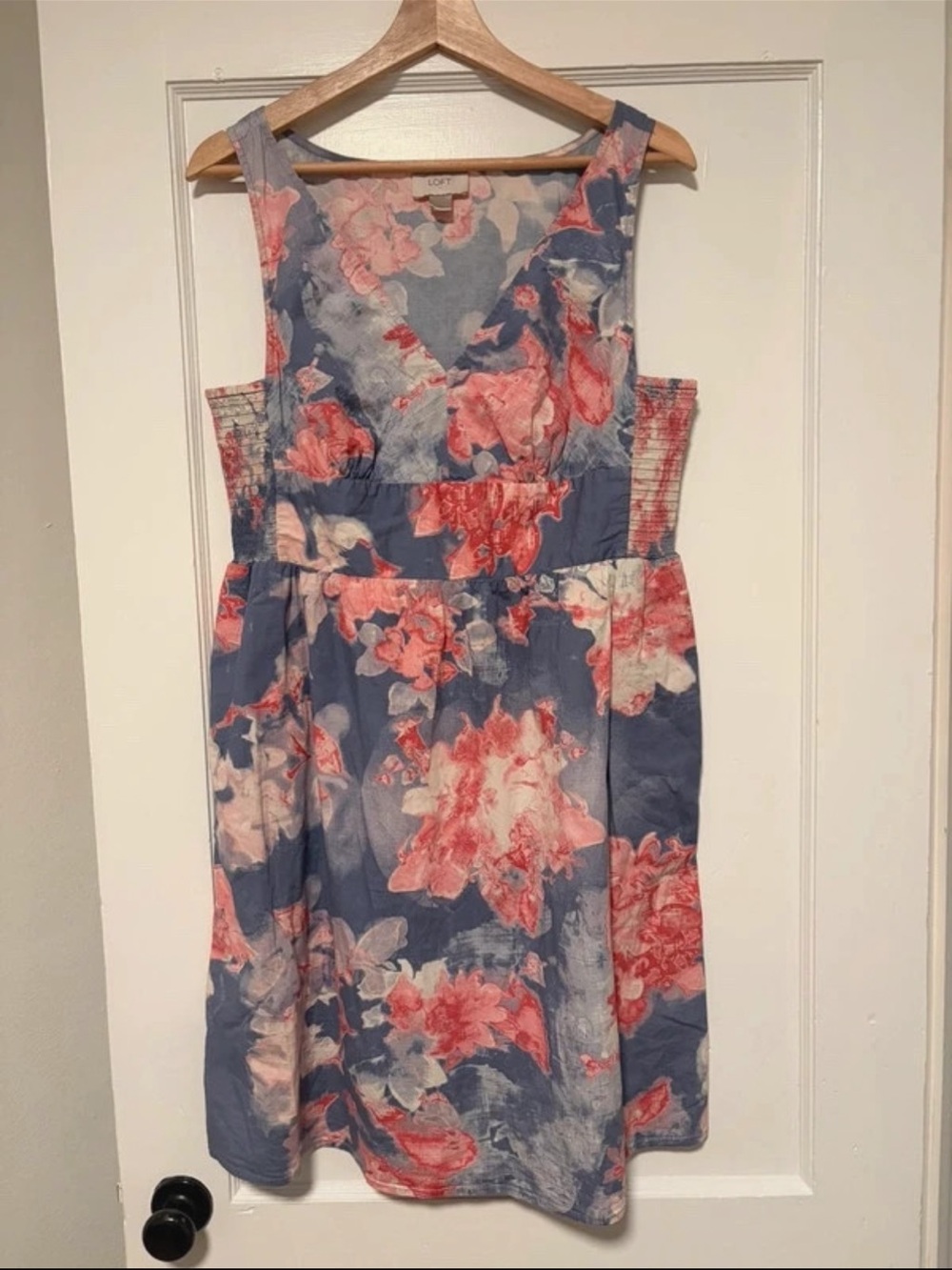 LOFT Floral Dress in Blue and Coral Pink